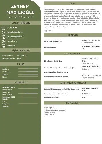 Felsefe Öğretmeni CV Örnekleri cv indir